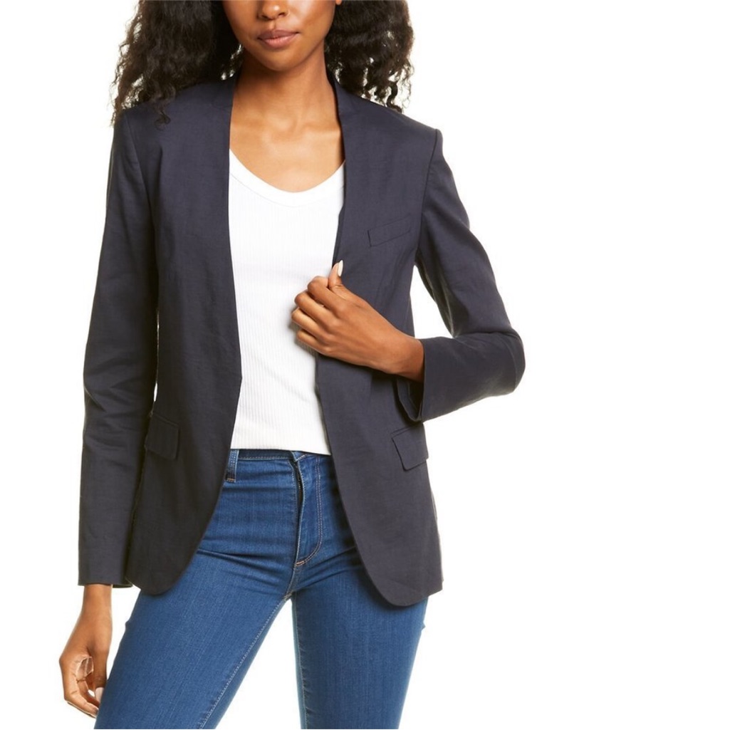 Theory Collarless Staple Jacket Concord Crunch Wash Open Front Linen Size 10